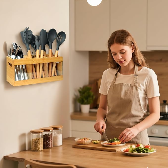 Kitchen Utensil Holder for Counter Extra Large Bamboo Wooden Utensil Organizer with 6 Compartments Cooking Utensil Holder Storage for Silverware Spoons Farmhouse Kitchen Decor (Absorbing Drying Stone)