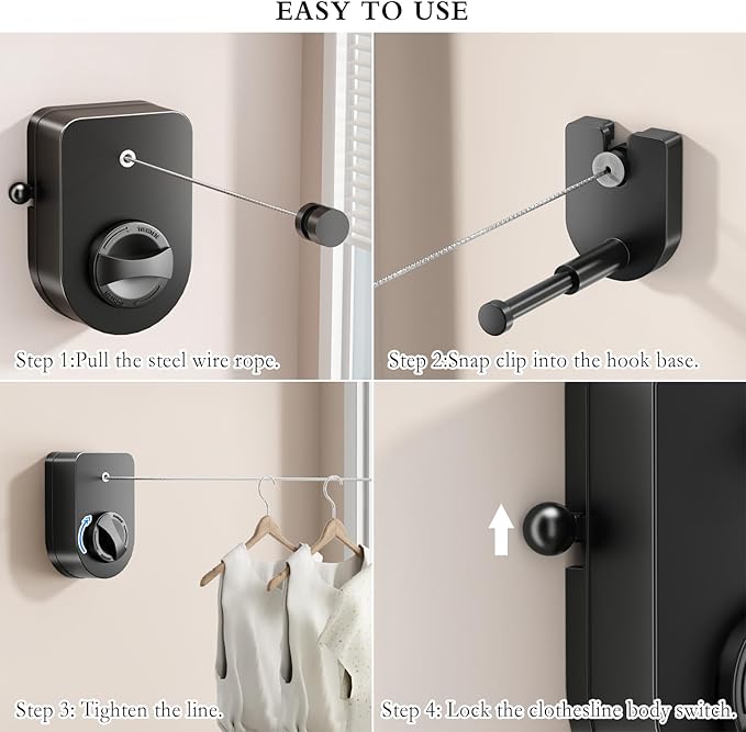 Retractable Clothesline Indoor, Non-Sagging Clothes Line Outdoors,13.7 Ft Heavy Duty Clothesline with Telescopic Hanging Rod, Wall Mounted Space-Saving Laundry Line (Black)