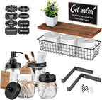 SheeChung Mason Jars Floating Shelves Set for Bathroom - 16oz Soap Dispenser, Toothbrush Holder, 2Pcs Qtip Holders, Paper Storage, Wall Mounted Farmhouse Decor, Artificial Plant, Decor Sign-Brown