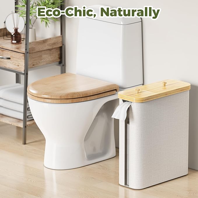 42L Toilet Paper Basket with Bamboo Lid, Toilet Paper Storage with Toilet Paper Holder & Non-Slip Mat for Bathroom Organizer, Holds up to 19 Regular Rolls or 14 Mega Rolls, Collapsible & Stackable