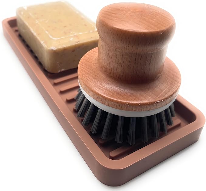 Happitasa Silicone Kitchen Sink Organizer Tray, Sponge Holder and Countertop Protector | Bathroom and Kitchen Soap Dish and Dispenser Tray (Mocha, 9"x3.5", 5.6 Ounces)
