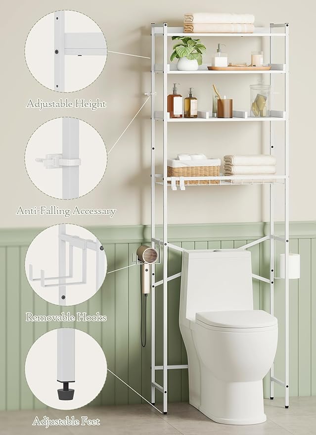 4 Tier Over The Toilet Storage Shelf with 3 Adjustable Shelves, Space Saver Bathroom Organizer with 4 Hooks, Freestanding Above Toilet Rack for Restroom Laundry (White)