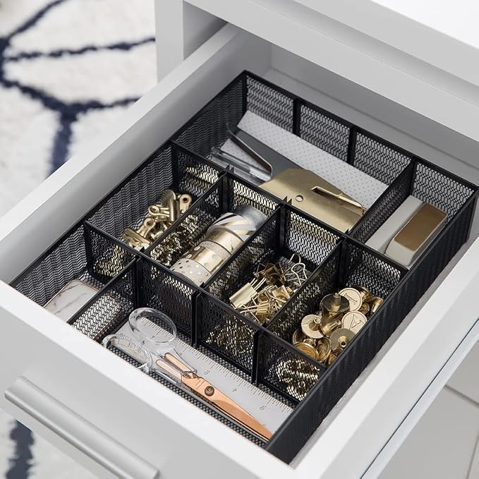 BLU MONACO | Black Metal Mesh Desk Drawer Organizer Tray | 12 Adjustable Compartments & 9 Removable Dividers | Space-Saving Office Supplies Organizer for Drawers, Vanity, Kitchen & Workspace Storage