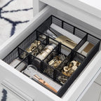BLU MONACO | Black Metal Mesh Desk Drawer Organizer Tray | 12 Adjustable Compartments & 9 Removable Dividers | Space-Saving Office Supplies Organizer for Drawers, Vanity, Kitchen & Workspace Storage