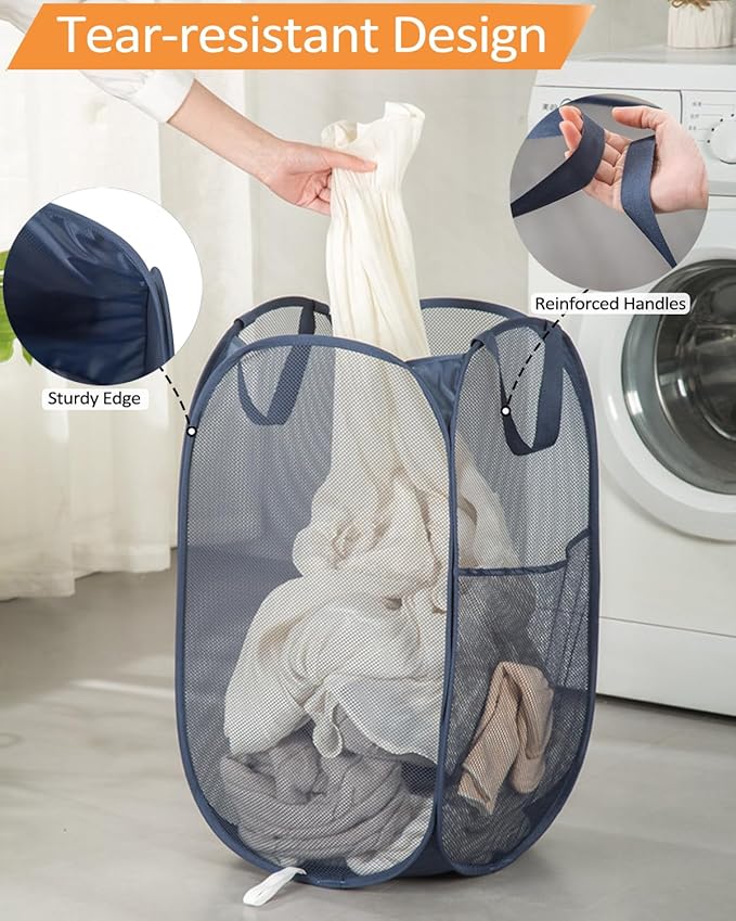 2 Pack Durable Collapsible Laundry Baskets - Reinforced Mesh Pop Up Laundry Hamper with Pocket, Foldable Dirty Clothes Hamper with Carry Handles for Laundry, Bathroom, Kids Room, Dorm or Travel Navy