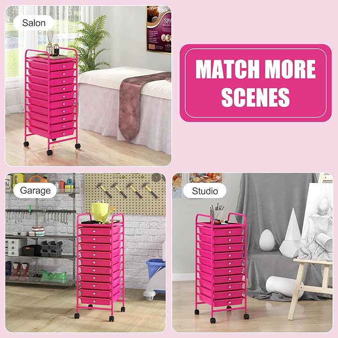 GOFLAME 10-Drawer Rolling Storage Drawer Cart, Utility Cart with Removable Drawers & Metal Frame, Mobile Art Craft Drawer Cart with Lockable Wheels for Home, Office, Studio, School, Hot Pink