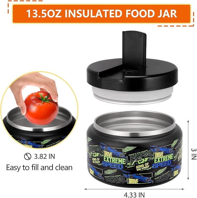13.5oz Kids Soup Jar for Hot Food Vacuum Insulated Food Jar with Buckle Lid, Stainless Steel Wide Mouth Leak Proof Lunch Container for School Picnic Travel (Car Black)