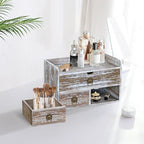 Wood Desk Organizer with Drawer, Washed Brown Wooden Desktop Organizer, Tabletop Storage Organization Box for Countertop, Home Office Supplies (3 Drawer and Shelf)