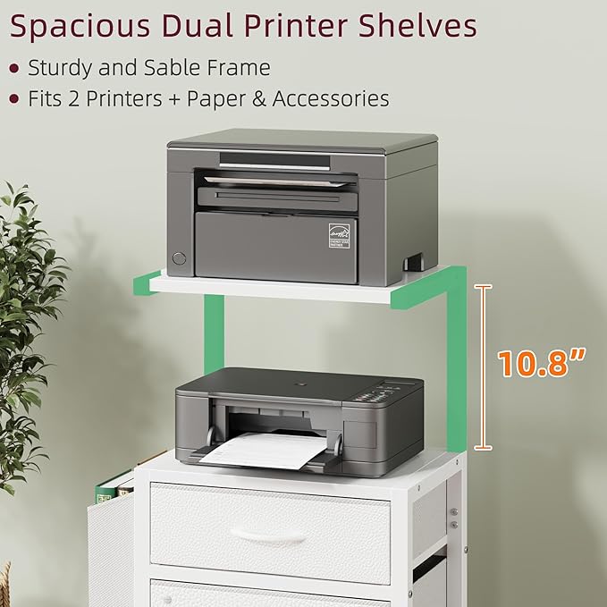 2-Drawer File Cabinet, Filing Cabinet with 2-Tier Printer Shelves, Office Cabinets with Side Bag&File Drawer for A4/Letter Size, Printer Stand with Storage for Home Office, White, 16.5" W