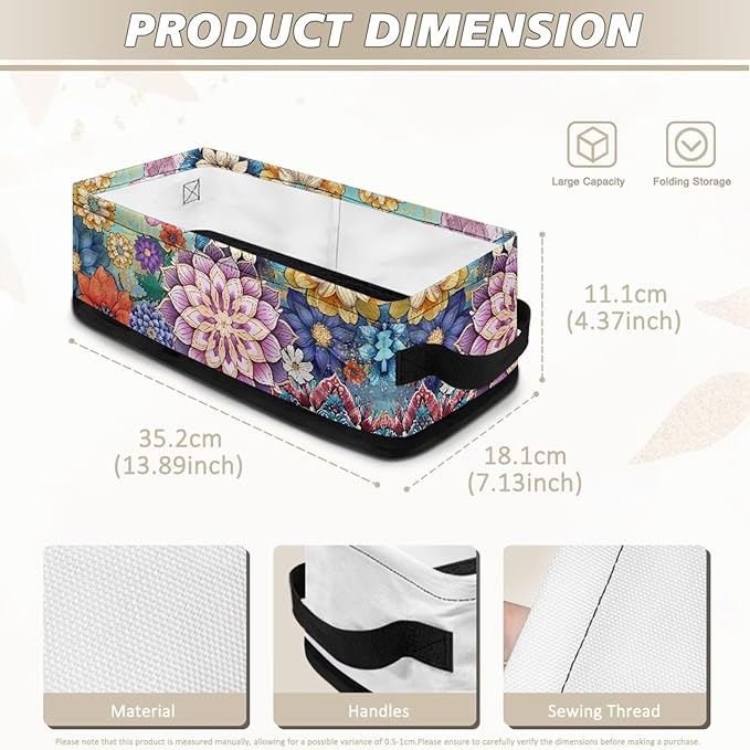 Toilet Paper Basket Foldable Organizer Multi-functional Storage Bin Office Organization Fabric Basket with Handles for Bathroom Kitchen Living Room Decor, Boho Flower Print