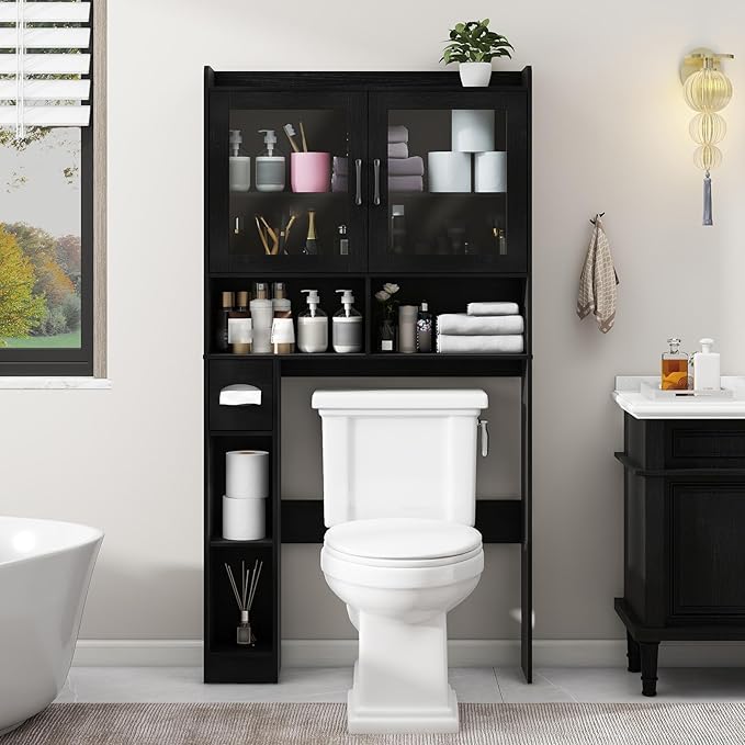 Vabches Over-The-Toilet Storage Cabinet, Farmhouse Style with 2 Acrylic Waves Doors, Space-Saving Home Storage Rack for Restroom, Bathroom and Laundry Room.Black.