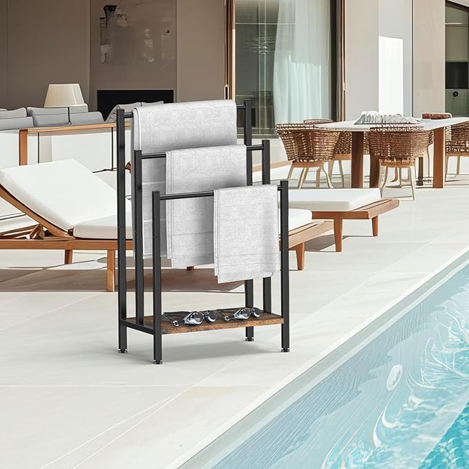 Free Standing Towel Rack, 3 Tier Freestanding Towel Stand with Storage Shelf, Metal Blanket Rack Stand for Bathroom, Bedroom, Living Room, Rustic Brown