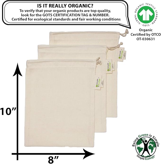 Simple Ecology Reusable Grocery Produce Shopping and Storage Bags, Organic Cotton Muslin, Small 3 pack