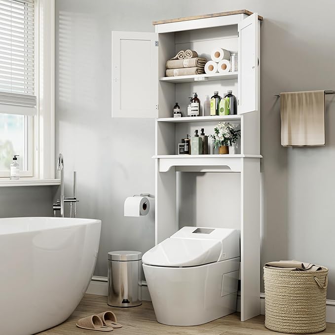 Garvee 66''H Over the Toilet Storage Cabinet, Bathroom Shelf Over Toilet, Bathroom Storage Cabinet Organizer with Double Doors & Adjustable Shelves Free Standing Toilet Shelf for Bathrooms, White