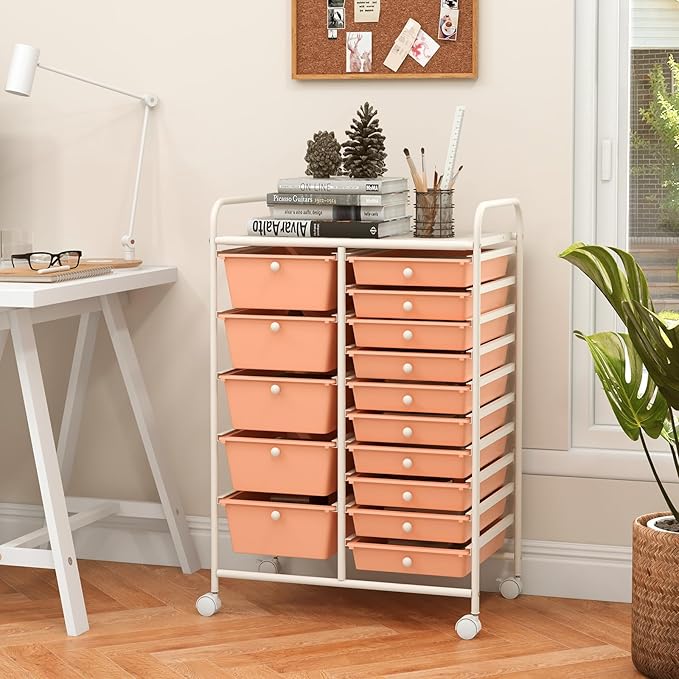 LUARANE Rolling Cart with 15 Drawers, Craft Storage Cart with Portable Handles & Lockable Wheels, Mobile Toys Organizer, Large Capacity Utility Drawer Cart Home Office School Teacher (Peach)