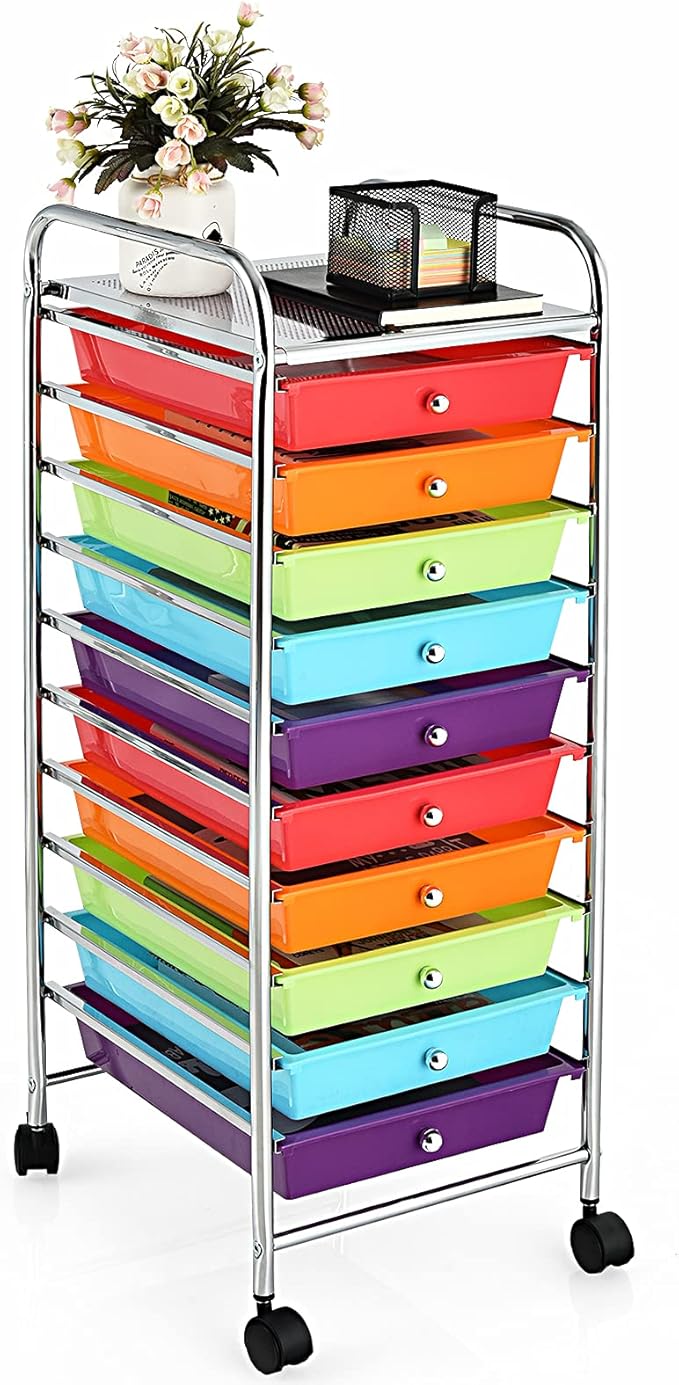 GOFLAME 10-Drawer Rolling Storage Drawer Cart, Utility Cart with Removable Drawers & Metal Frame, Mobile Art Craft Drawer Cart with Lockable Wheels for Home, Office, Studio, School, Multicolor