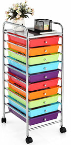 GOFLAME 10-Drawer Rolling Storage Drawer Cart, Utility Cart with Removable Drawers & Metal Frame, Mobile Art Craft Drawer Cart with Lockable Wheels for Home, Office, Studio, School, Multicolor