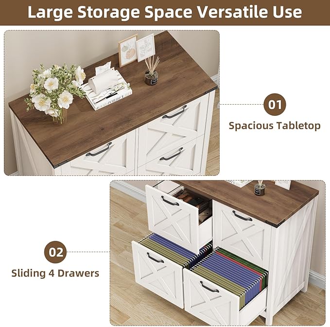 Lateral File Cabinet with 4 Drawers, Farmhouse File Cabinet for Letter/A4 Size Hanging Files, Large Wood File Storage Cabinets Printer Stand for Home Office Cabinets, Rustic White and Brown