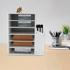 Literature Organizers With Side Storage cabinet, 6 Compartments Office Mailbox with Adjustable Shelves, PVC Board Literature Sorter for Office, Home, Classroom, Mailrooms Organization, White