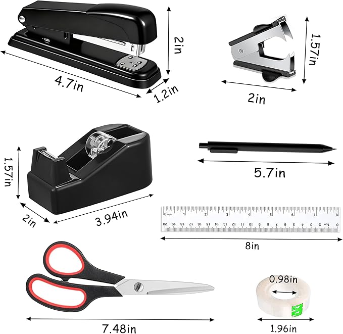 Office Desk Accessories, Black Office Supplies Accessories with Tape Dispenser, Stapler, Staple Remover, 1000 Staples, Tape, Clips Set, Ruler, Scissor, Pen