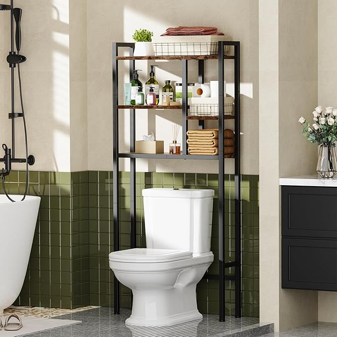 Over-The-Toilet Storage Rack, 3-Tier Bathroom Shelves Over Toilet, Above Toilet Storage, Behind Toilet Bathroom Organizer, Space Saver, Freestanding, Rustic Brown
