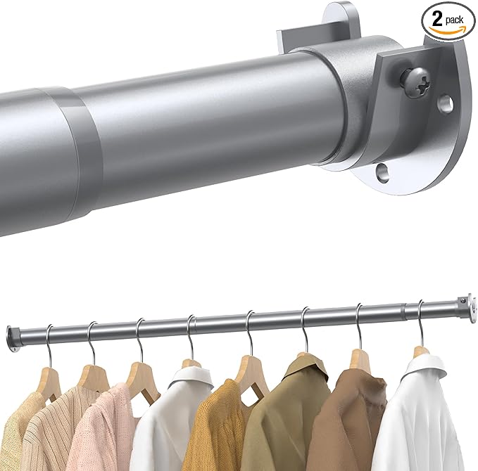 2 Pack Closet Rods for Hanging Clothes, 17 to 39 Inches Stepless Adjustable Metal Closet Rod, 1.3 Inches Heavy Duty Clothes Hanging Rod for Closet Wardrobes Laundry RV, Silver