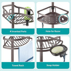 HAMITOR Corner Shower Caddy Tension Pole: Rustproof Stable 4-Tier Bathroom Organizer Shelves for Bathtub Shampoo Storage - 47-121 Inch Quick Install Adjustable Standing Rack with Soap Rack - Bronze