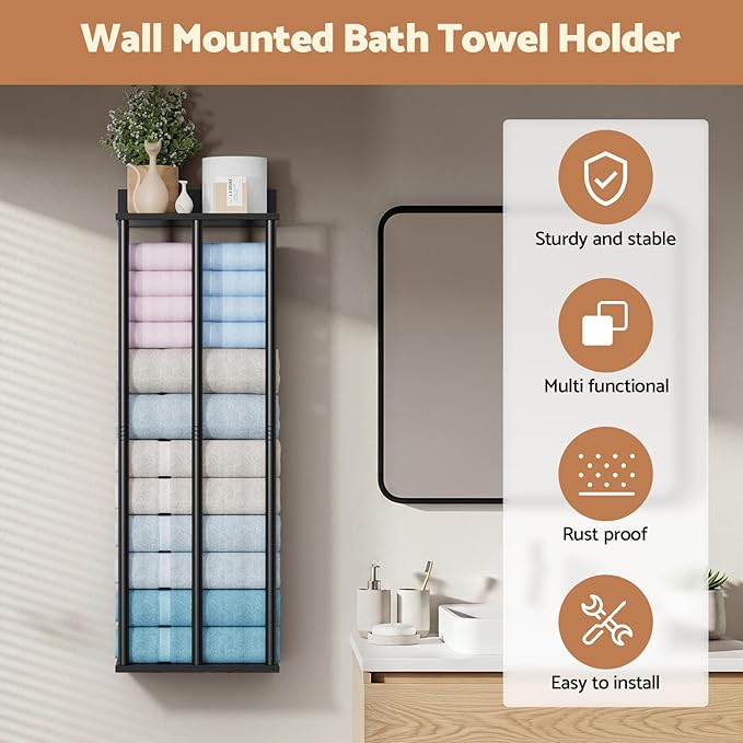 Bathroom Towel Storage, Black Bathroom Towel Holder, Wall Mounted 3 Bar Towels Racks Shelf Towels Organizer for Rolled Towels, Modern Storage Rack Organizer for RV, 34inch