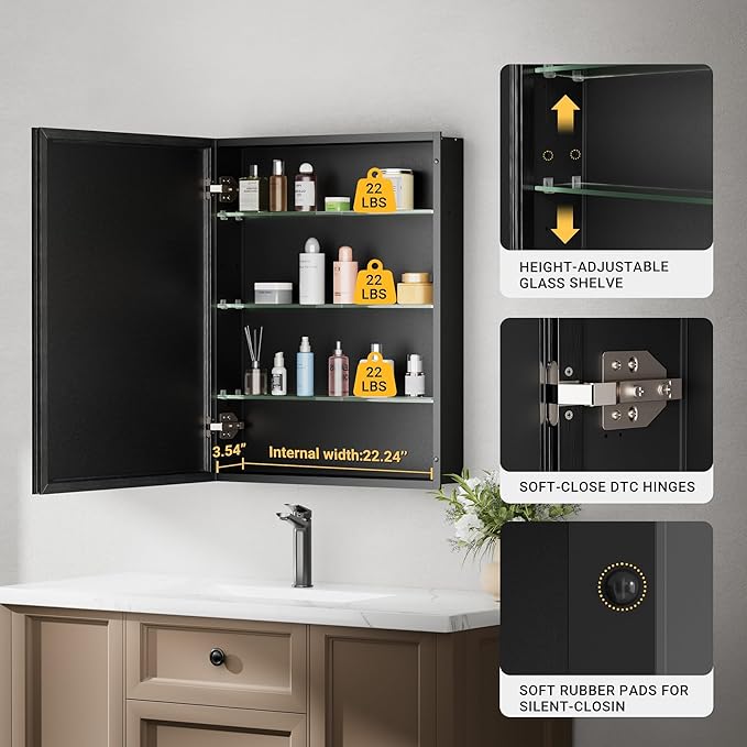 24x30 Pre-Assembled Black Medicine Cabinet with Mirror, Surface or Recessed Medicine Cabinet Mirror for Bathroom, Aluminum Beveled Frame Bathroom Vanity Mirror with Adjustable Shelves Storage