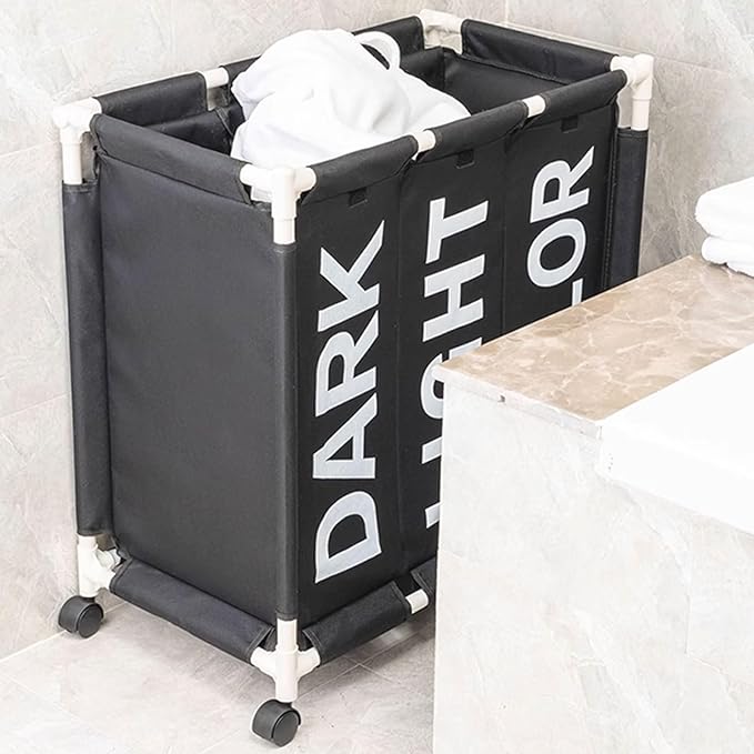 Laundry Sorter 3 Section with Lid 95 L Laundry Hamper with Wheels Reinforced Sealing Multi-Purpose Laundry Basket with Removable Inner Pocket(Black)