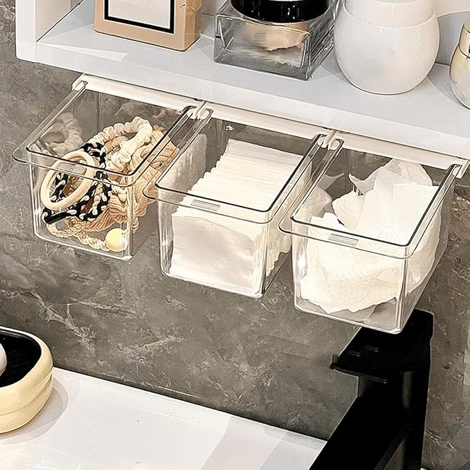 Under Desk Drawer Organizer - Wall-Mounted Dust-Proof Clear Pull-Out Storage Box with Cartoon Design, Stackable Slide-Out Drawer for Desk, Kitchen, Bathroom, Makeup, Cotton Swabs, Stationery