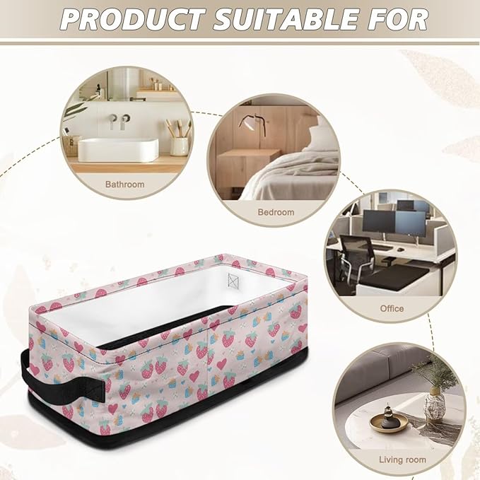 Storage Bin Organizer Collapsible Fabric Basket for Bathroom Kitchen Office Home Storage with Handles for Easy Carrying 13.89 x 7.13 x 4.37 Inch, Strawberry Love Flower Pink