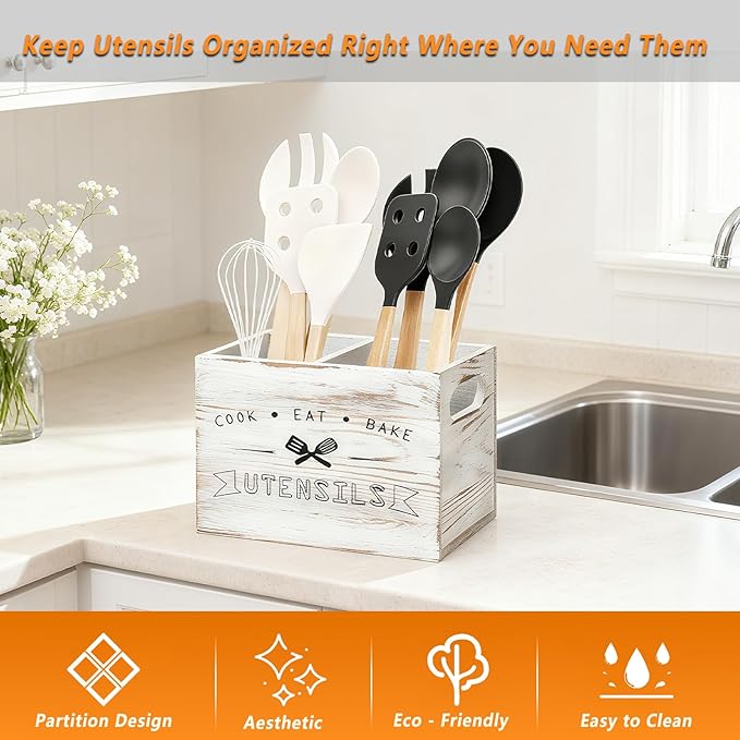 Retro White Wood Kitchen Utensil Holder - Small, Durable & Ideal for Kitchen Counter Decor （Retro White 2 Compartment）