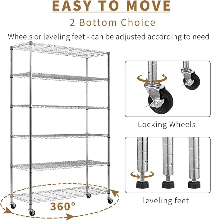 6-Tier Storage Shelves 45" x 18" x 82" Heavy Duty Metal Shelving Unit 2100Lb Capacity Adjustable Storage Racks with Wheels NSF Garage Wire Shelf for Basement Commercial, Chrome