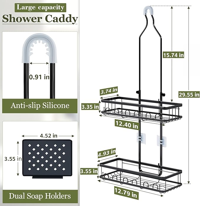 Shower Caddy Hanging: Adjustable Height Organizer for Over Showerhead - Black Rustproof Shower Shelves with Hooks & 2 Soap Holders