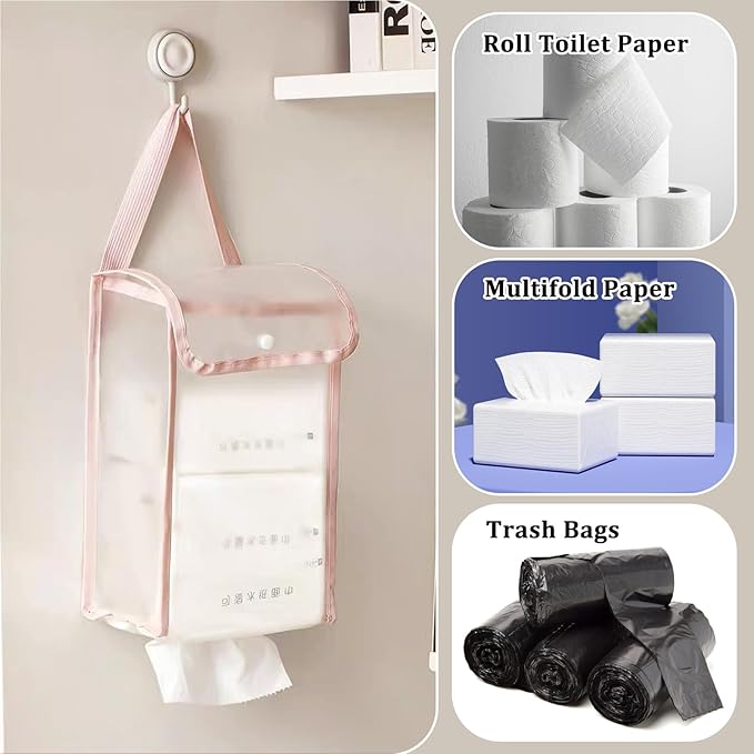 MIUPOO Toilet Paper Storage Bag,Reusable Roll Tissue Organizer,Large Capacity Toilet Paper Organizer,Free Standing Bathroom Set,Pink and Beige,2 Pieces. (2, Pink and Beige)