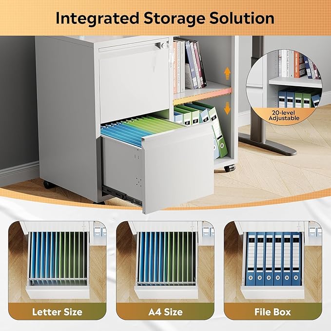 DEVAISE Lateral File Cabinet, 2 Drawer Filing Cabinets with Lock & Wheels Fits Letter/A4 Size for Home Office, Printer Stand with Adjustable Shelf (Metal, White)