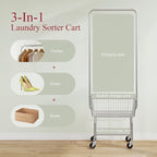 Tajsoon Laundry Cart with Hanging Rack, Metal Rolling Laundry Cart with Wheels and Storage Basket, Silver