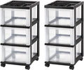 IRIS USA Plastic Drawer Storage Organizer Rolling Cart, 2-Pack, with Wheels Casters, 3-Drawers, for Classroom Art Craft Supplies Dresser Closet Bathroom Laundry Room, Black/Clear
