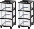IRIS USA Plastic Drawer Storage Organizer Rolling Cart, 2-Pack, with Wheels Casters, 3-Drawers, for Classroom Art Craft Supplies Dresser Closet Bathroom Laundry Room, Black/Clear