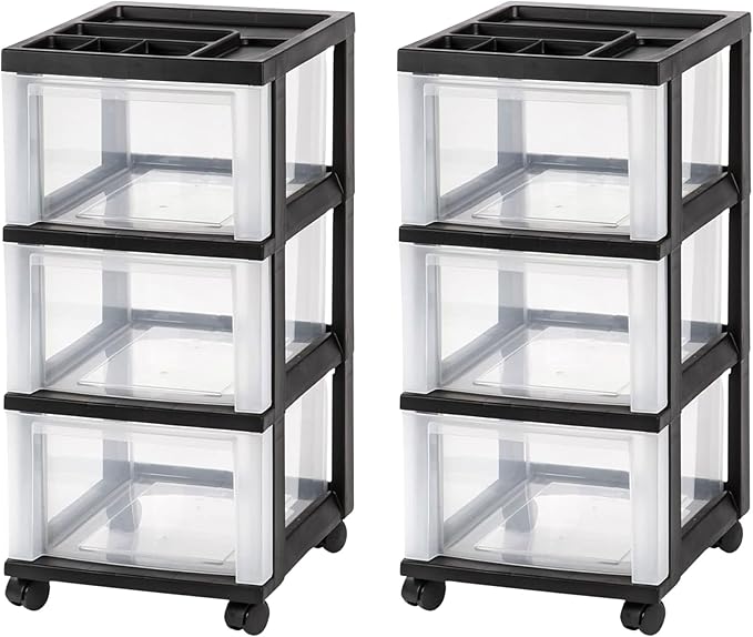 IRIS USA Plastic Drawer Storage Organizer Rolling Cart, 2-Pack, with Wheels Casters, 3-Drawers, for Classroom Art Craft Supplies Dresser Closet Bathroom Laundry Room, Black/Clear