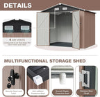 Aoxun Outdoor Storage Shed with Floor - 8x6 FT Metal Shed with Lockable Doors & Air Vents, Waterproof Outside Storage Shed for Tool, Garbage Can, Bike, Mower, for Backyard Garden Patio, Brown