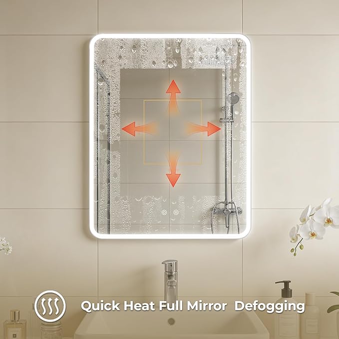 22 x 28 LED Bathroom Medicine Cabinet, Rounded Corner Aluminum Frame Lighted Mirror Cabinet with 3-Color Dimmable Lighting, Memory Function & Anti-Fog, Recessed or Surface Mount Installation
