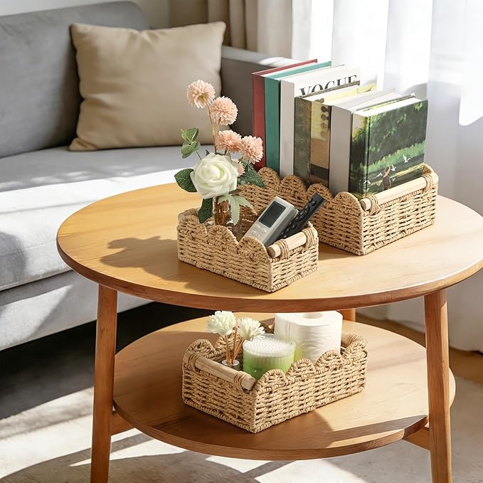 3PCS Scalloped Toilet Paper Storage Basket, Handwoven Paper Rope Bathroom Basket Organizer for Toilet Tank Top, Bathroom & Home Decor with Wooden Handles, Farmhouse Decor, Beige