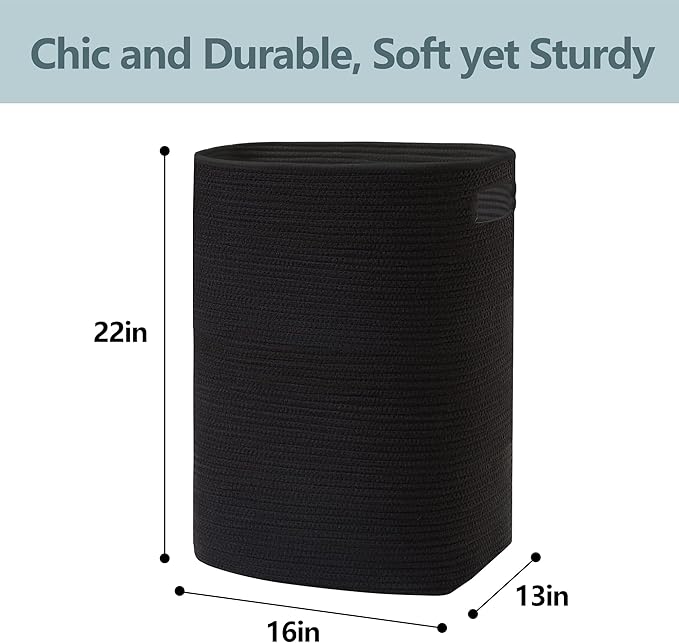 Large Laundry Hamper 16"x13"x22" - Tall Woven Laundry Basket, Cotton Rope Dirty Clothes Hamper, Baby Kids Nursery Wicker Laundry Basket, Bedroom Aesthetic, Soft Laundry Bin, Black Hamper, 75L