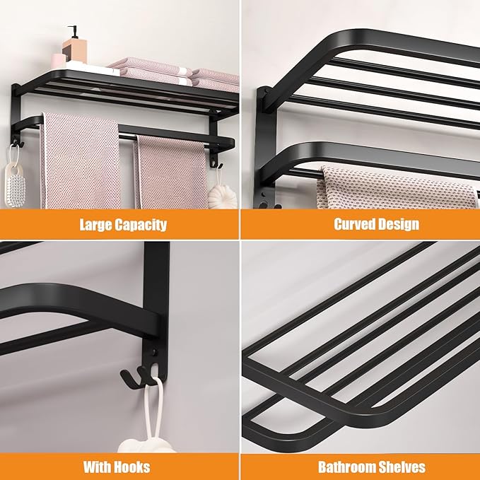 DDS-DUDES 23 Inch Bathroom Towel Rack Towel Shelf with Double Towel Bars Lavatory Wall Mount Holder with Hooks Stainless Steel Hotel Bath Rack (Matte Black)