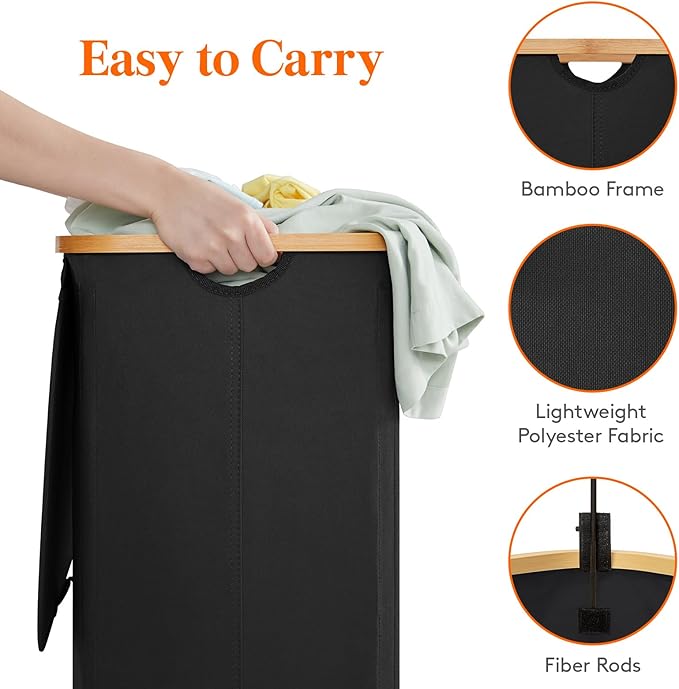 Lifewit 120L Double Laundry Hamper with Lid, Large Laundry Basket with Removable Bag & Bamboo Handles, Fodable Tall Dirty Clothes Hamper for Laundry Collapsible Bin for Bathroom Bedroom Dorm, Black