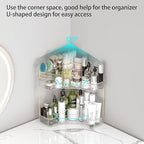 Makeup Organizer Countertop 2 Tier, Corner Bathroom Countertop Organizer with Toothbrush and Makeup Brush Holder, Corner Vanity Tray for Skincare Organization