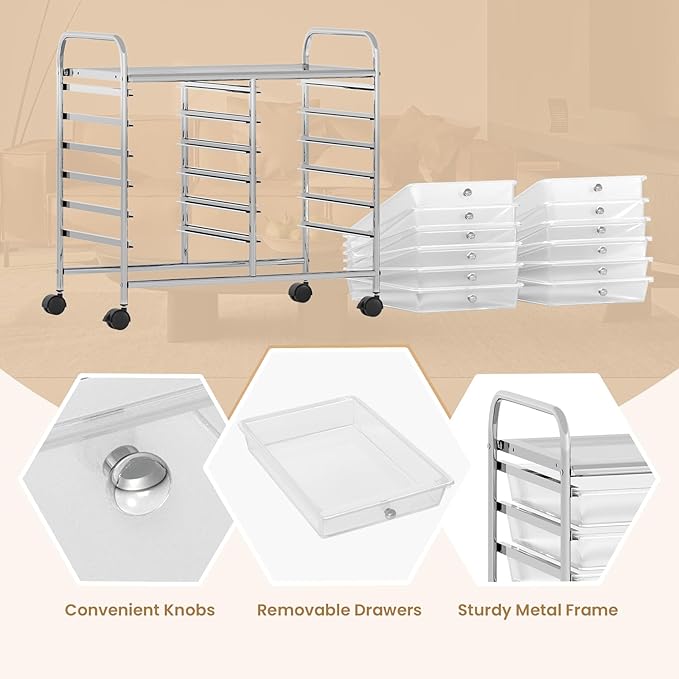 GOFLAME 12-Drawer Rolling Storage Cart, Multifunctional Art Craft Organizer Cart, Mobile Utility Storage Cart with Removable Drawers & Lockable Wheels, Craft Cart for Home Office School, Clear
