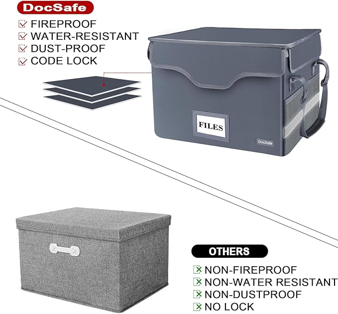 DocSafe Fireproof Document Box with Lock,File Storage Organizer with Zipper Pockets,Collapsible Portable File Box Home Office Safe Filing Cabinet with Handle for Hanging Letter/Legal Folders,Gray